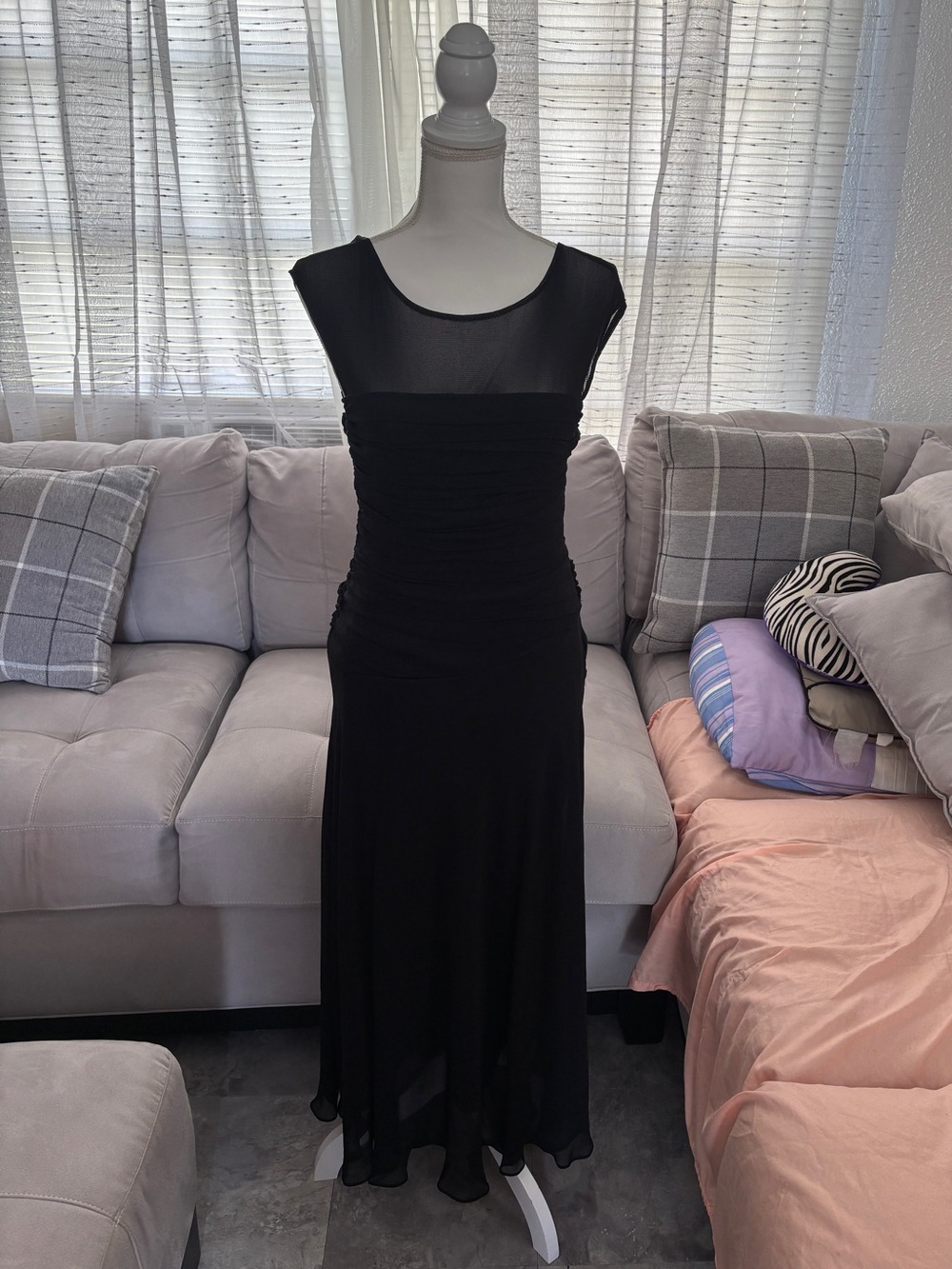 By Sangria Black Cap-Sleeve Maxi Dress with Sheer Yoke